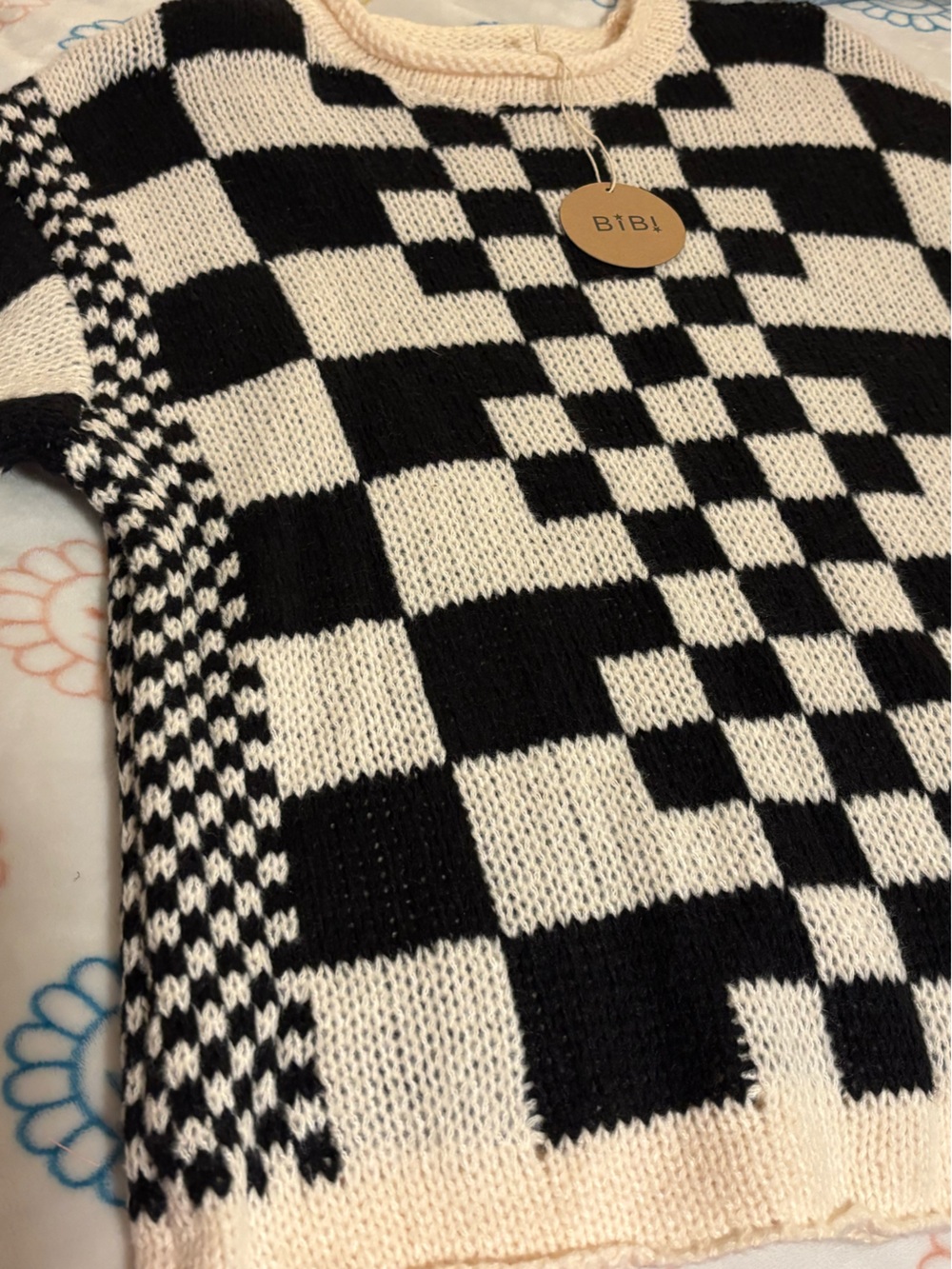 BiBi Black and Cream Checkerboard Crewneck Sweater - Picture 2 of 4